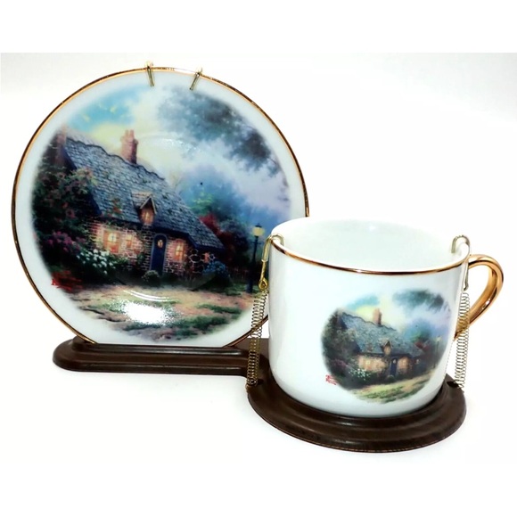 Thomas Kinkade Cup Saucer Stand Set By Teleflora "MOONLIGHT COTTAGE" - Picture 8 of 11